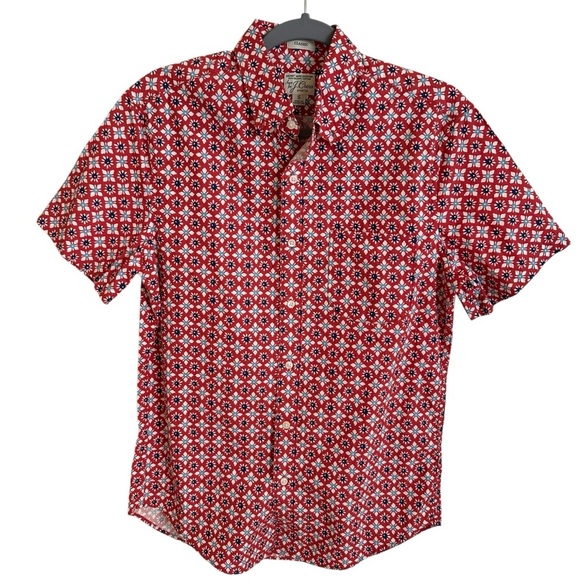 J Crew Mens Small Red Tile Print Classic Fit Button Up Shirt Organic Cotton - Picture 2 of 7